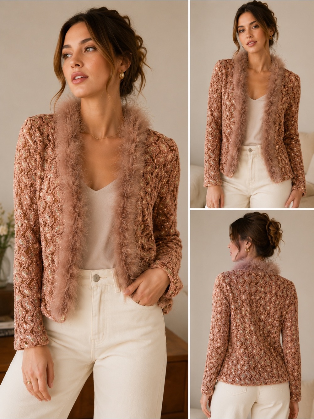 Double Layer Gauze Cardigan Fuzzy Trim Metallic Jacket